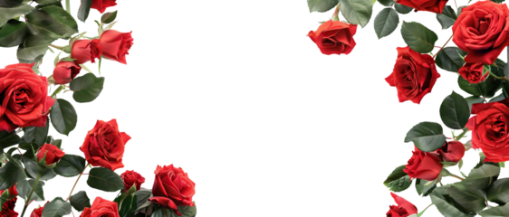 Frame of luxurious red roses in full bloom, with soft petals and green leaves, cut out