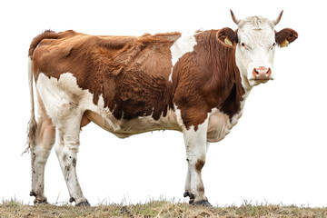 Brown and white cow standing in a field isolated on transparent background