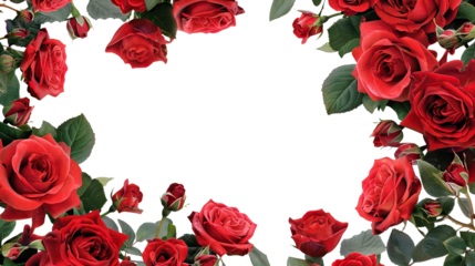 Frame of luxurious red roses in full bloom, with soft petals and green leaves, cut out