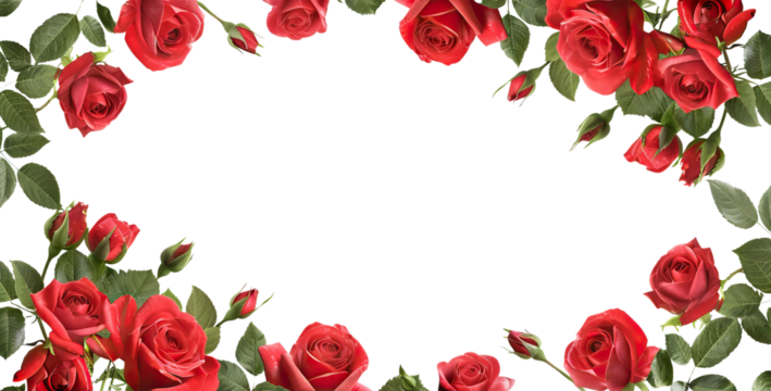 Frame of luxurious red roses in full bloom, with soft petals and green leaves, cut out