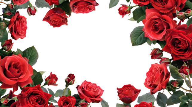 Frame of luxurious red roses in full bloom, with soft petals and green leaves, cut out