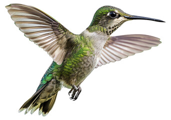 Hummingbird in flight captured with detailed wing motion isolated on transparent background