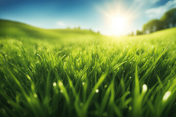 Green Grass with Shining Dews Water Drops  Closeup 