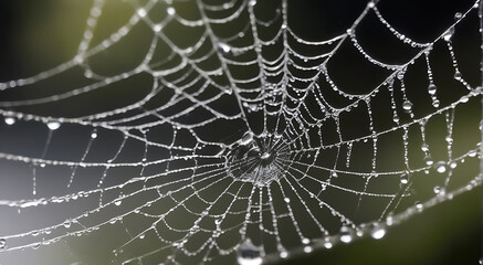 Naklejka premium Close-up of a Spider web covered in water drops or droplets with dark isolated background and tilt shift focus, 