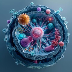 Subunits inside eukaryotic cell, nucleus and organelles and plasma membrane  3d illustration