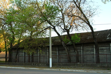 A building with trees in the front