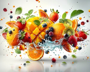 Eyecatching composition featuring a dynamic explosion of colorful, fresh fruit, including oranges, berries, and kiwi, with vivid splashes of juice against a neutral background