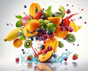 Vibrant composition featuring an explosion of assorted fresh fruit with dynamic splashes of juice, capturing a sense of freshness, flavor, and vitality in a creative, highenergy visual