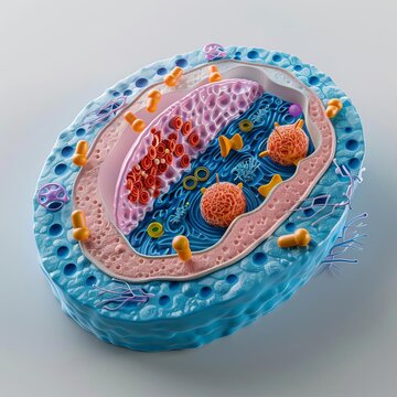 Subunits inside eukaryotic cell, nucleus and organelles and plasma membrane  3d illustration
