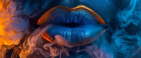 Obraz premium Mystical Flames: A Close-Up of Blue and Gold Lips Amidst Ethereal Smoke