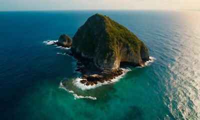 Aerial view of a solitary rock surrounded by ocean waves.