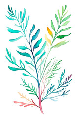 Watercolor multicolored branches. Branch with leaves watercolor design for printing on a postcard, invitation, packaging. Bright summer colors on the leaves.