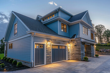A luxurious new construction featuring powder blue siding and a sophisticated limestone wall, its two-car garage boasting sleek, minimalist doors. 