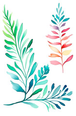 Watercolor multicolored branches set. Branch with leaves watercolor design for printing on a postcard, invitation, packaging. Bright summer colors on the leaves.