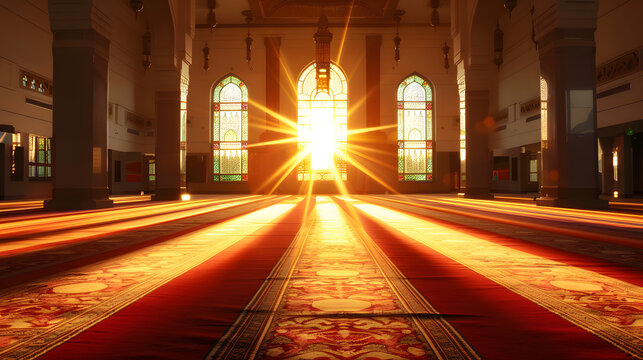 Beautiful mosque with illuminated minarets at sunset, wide angle view from inside the archway