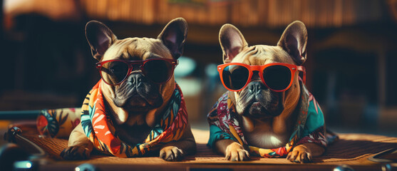 two French bulldogs wearing colorful shirts and sunglasses, enjoying a summer vacation