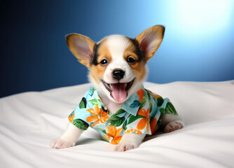 puppy wearing a Hawaiian shirt is laying on a white sheet with a blue background