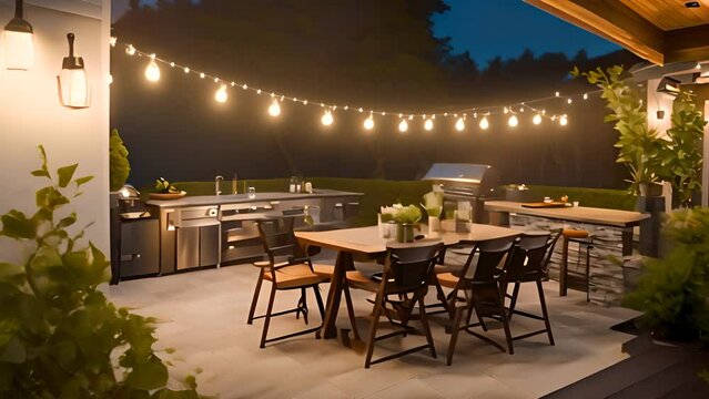 Well-Equipped Patio With Grill Table and Chairs Generative AI