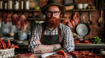 A man with a beard wearing glasses stands in front of assorted meats
