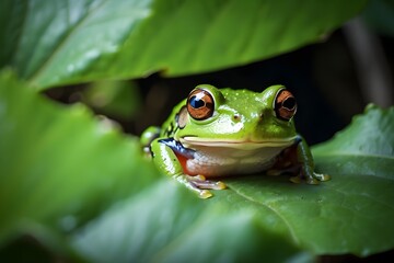 beautiful frog peeking out behind a a big green leave