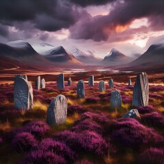 Fantasy standing stones on heather moorland with mountains