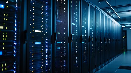 Showcase the reliability of a tech support team with an image capturing rows of neatly organized servers humming softly in a dimly lit data center