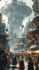 Capture a futuristic cityscape where colossal cooking utensils dominate the skyline Show a bustling marketplace with vendors selling twisted, metallic ingredients for bizarre recipes