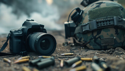 Camera press on the ground with bullets and a soldier's helmet in a war environment