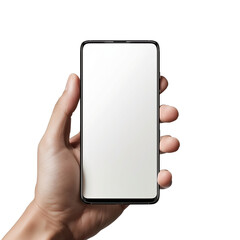 Ręka trzymająca biały telefon Samsung w centrum kadru. Telefon jest w pełni widoczny, a tło jest neutralne