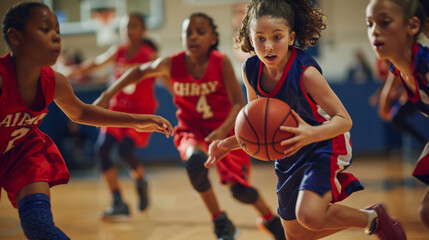 Fototapeta premium Young girls in a basketball game demonstrate excellent coordination and teamwork in a lively sports environment.