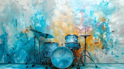 Colorful jazz music street art of drums silhouette on textured wall. Concept Street Art, Jazz Music, Drums Silhouette, Colorful, Textured Wall