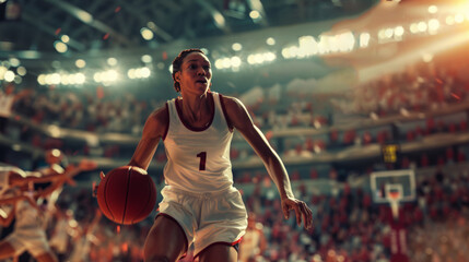 A female basketball player dribbles powerfully across the court surrounded by an enthusiastic crowd in the arena.