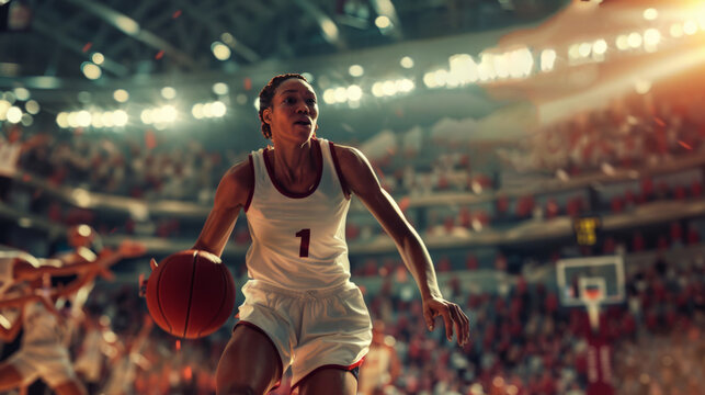 A female basketball player dribbles powerfully across the court surrounded by an enthusiastic crowd in the arena.