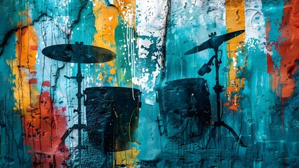 Drum silhouette in vibrant jazz music street art on textured wall. Concept Music Wall Art, Jazz Silhouette, Street Art, Textured Background, Vibrant Colors