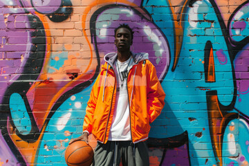 Basketball players in front of a colored graffiti wall.