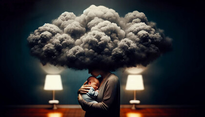 New mother with newborn post partum depression head in cloud fog baby brain