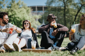 Cheerful friends lounging on grass in a city park, drinking colorful juices and enjoying a sunny...