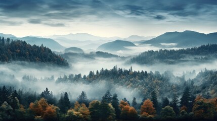 Fototapeta premium Mystical Autumn Fog in Black Forest, Germany - Enchanting Landscape with Rising Fog, Autumnal Trees, and Firs - Generative AI