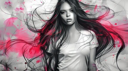 L'élégance féminine, une femme aux longs cheveux, tee-shirt blanc, nuances gris et reflets rouges artistiques.