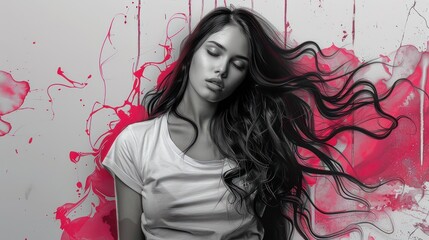 Une femme aux cheveux longs avec un tee-shirt blanc, dans le style d'une œuvre d'art fantastique réaliste, en niveaux de gris avec des reflets rouges et roses.