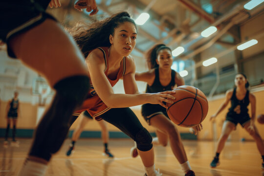 Intense action on the basketball court, young players on the move as they implement and defend strategies.