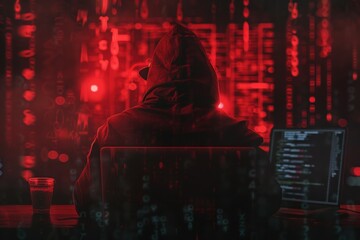 3 hooded hacker in red with laptop code background. Generate AI image
