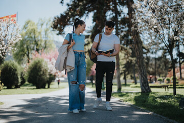 Two young adults engaged in studying with books after class time in a lively, sunlit city park.