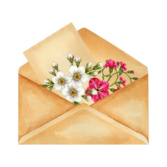 Flowers and old mailing envelope made of beige parchment paper from a vintage writing set. Watercolor illustration for a template for Book Day, History Knowledge Day, antique store, calligrapher