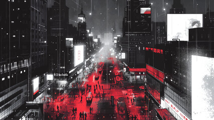 Rainy Night Cityscape - Digital artwork of a bustling city street at night in the rain, highlighted by red and white lights. © Tal
