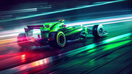 High-Speed Formula Racing Cars in Neon Glow on Dynamic Race Track
