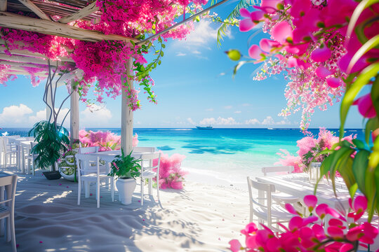 The vintage white tables of a coffee shop on the beach in the sand with pink tropical flowers. Exotic sandy floral terrace of a cafe, with the ocean in the background.
