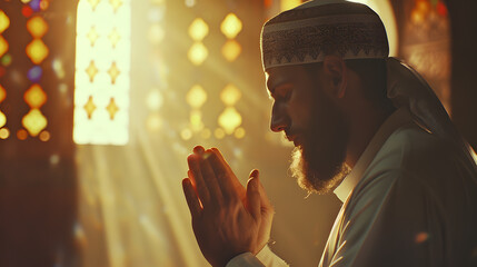 Naklejka premium Close up of an european man wearing a white kandura and praying in the mosque. Backlit by sunlight through a window