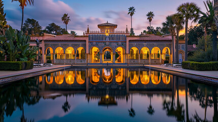 A lavish Moorish Revival estate at dusk, its intricate arches and vibrant tile work glowing under...