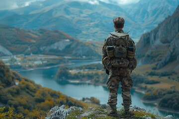 Naklejka premium A contemplative soldier gazes upon a tranquil mountain range and a lake from a high vantage point